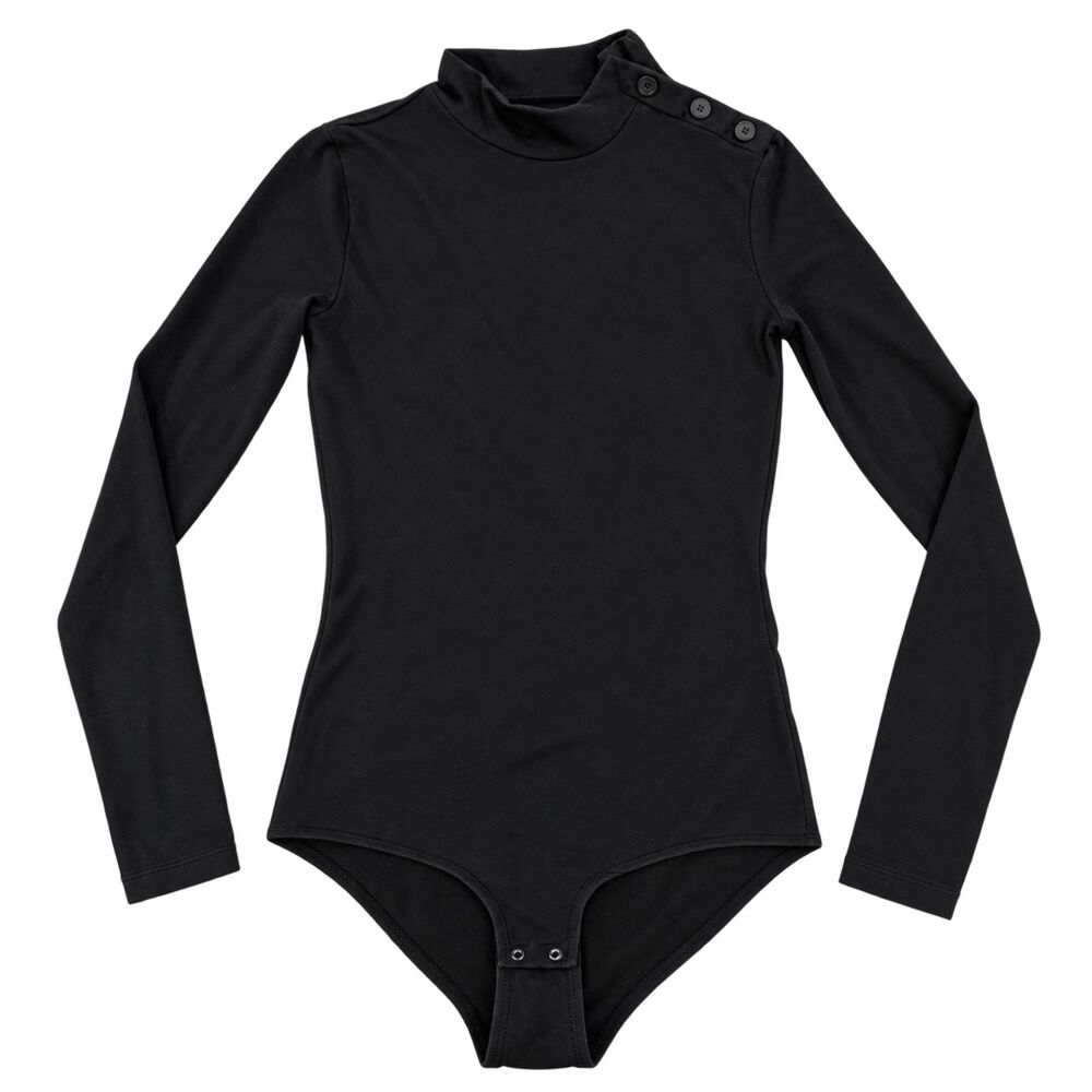 J.Crew Black Mock Neck Bodysuit XXS Long Sleeve Button Detail
